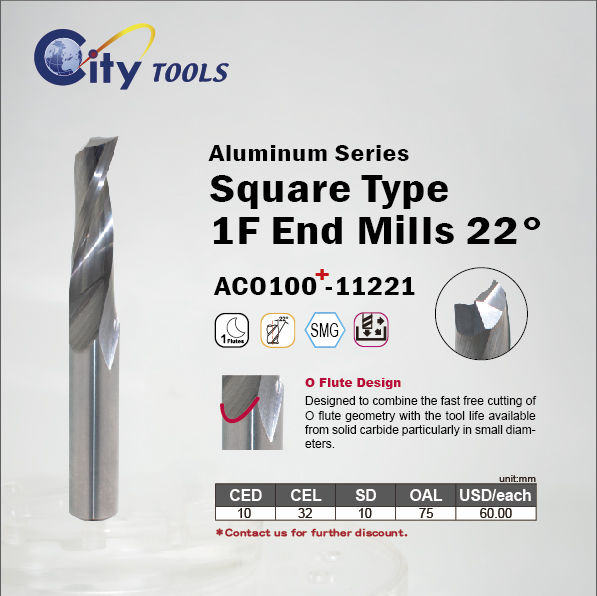 Aluminum Series Square Type 1F End Mills 22°